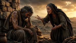 Image of Job's wife tell him to curse God and die