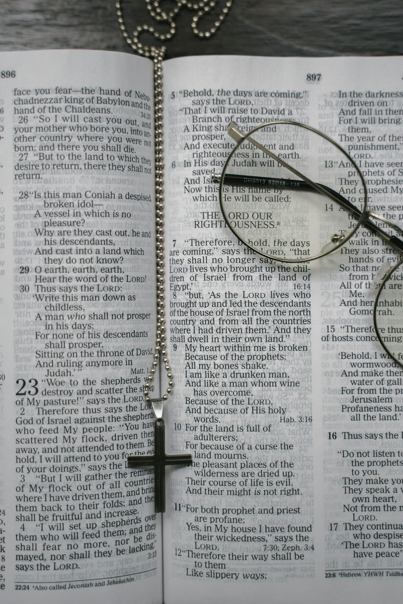 Open Bible with cross necklace