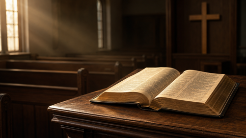 Open Bible with cross necklace